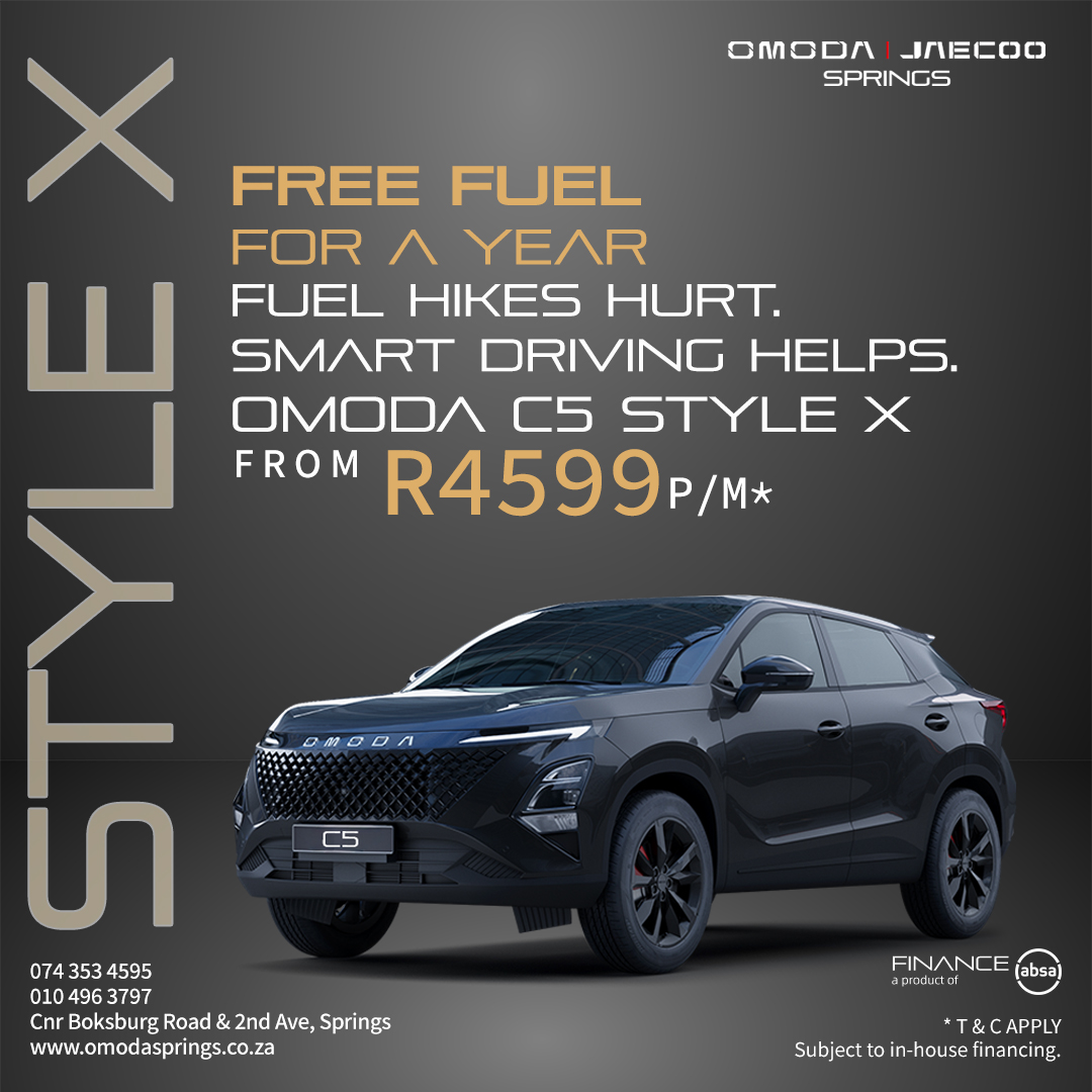 Advertising poster for OMODA C5 STYLE X: 'Free fuel for a year' with price from R4599 p/m; image of a dark gray SUV in the foreground.