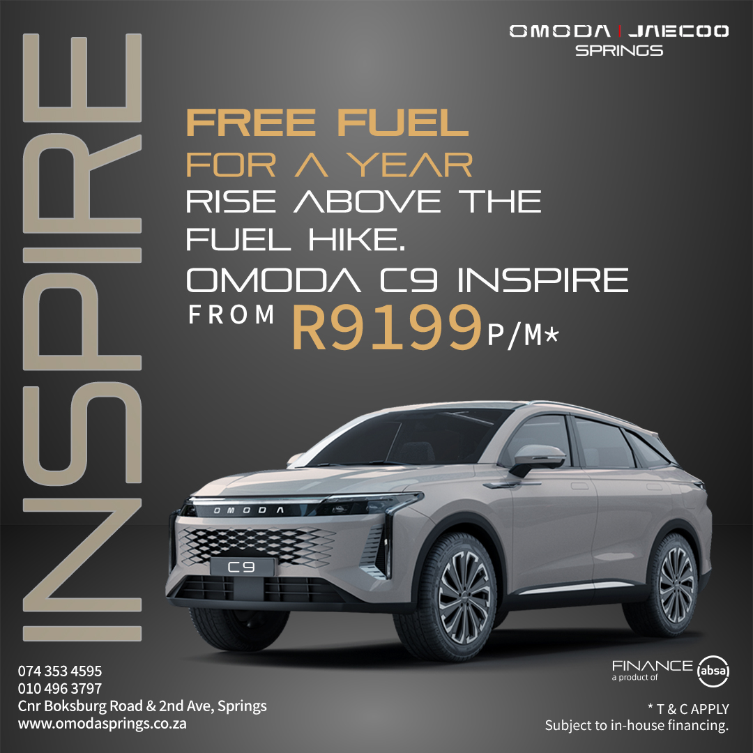 Advertising banner for Omoda Springs showing a gray Omoda C9 SUV with offer: free fuel for a year, from R199 per month, Springs dealership info.