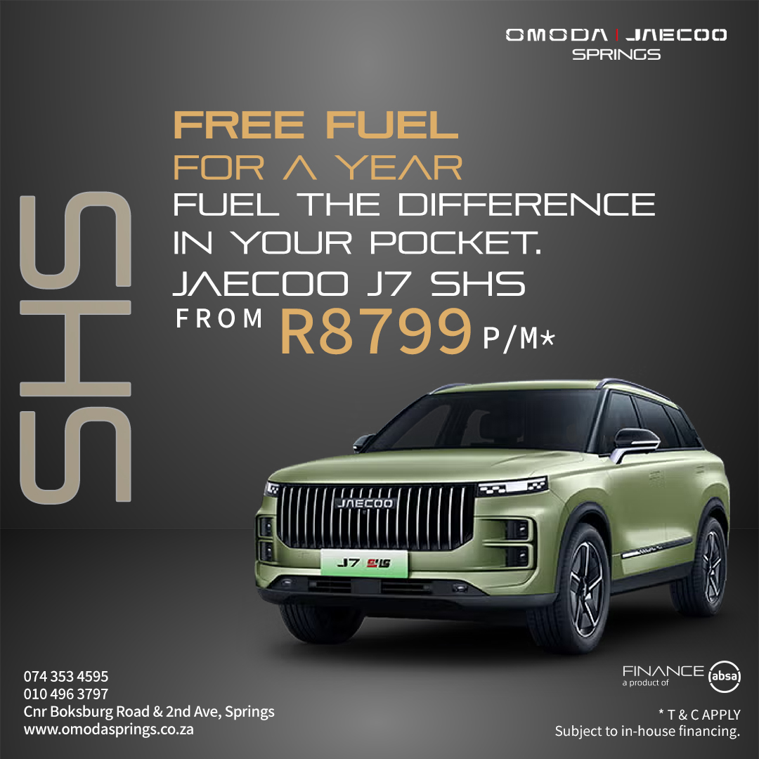 Advertising poster featuring a green SUV and a large 'FREE FUEL FOR A YEAR' headline with price from R8 799 per month on a dark gradient background.