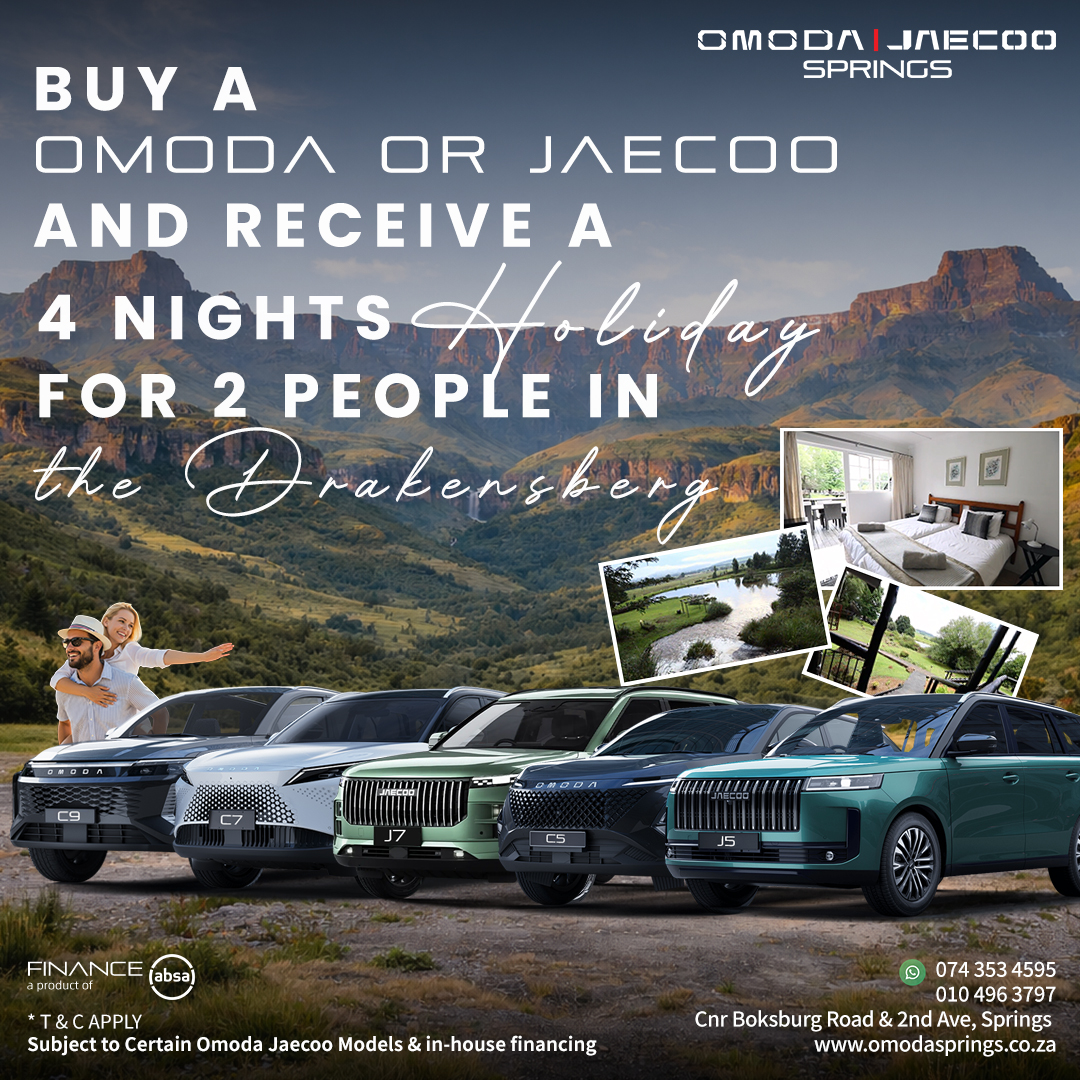 Ad for Omoda Jaecoo Springs: lineup of SUVs in front of Drakensberg mountains with large white text offering a 4-night holiday for 2, plus inset photos of a bedroom and scenic spots.