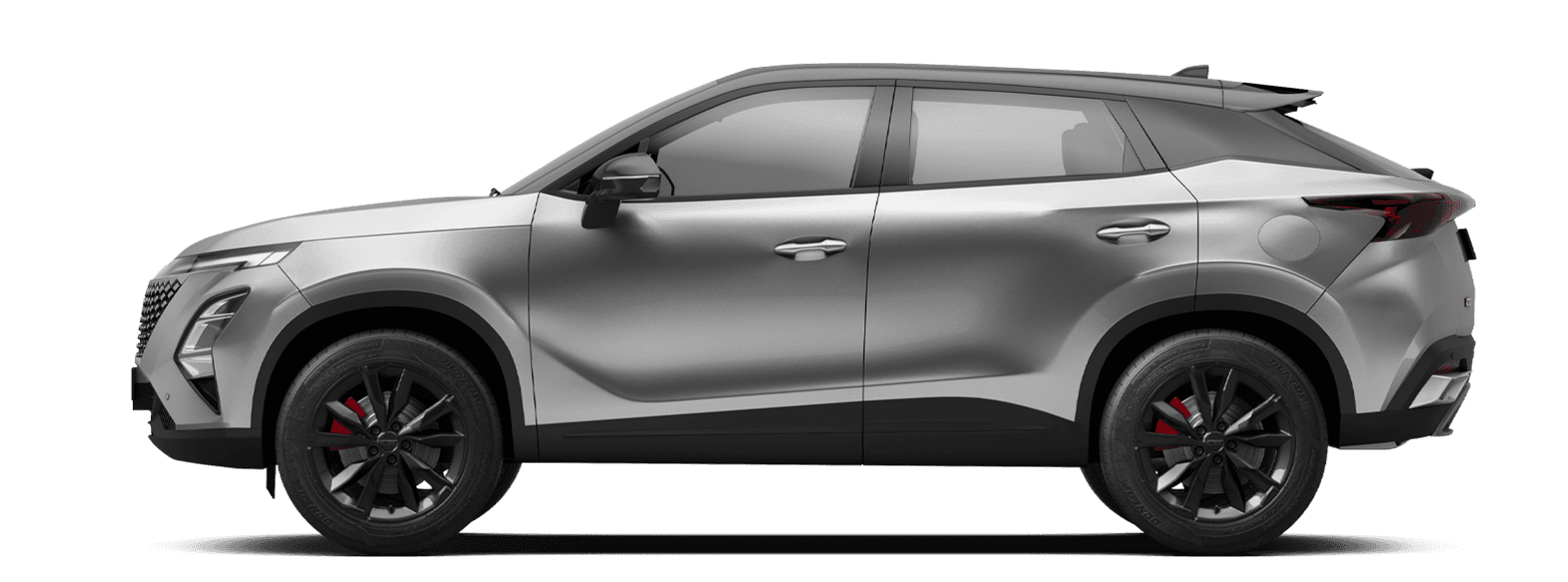 Side view of a silver SUV with black trim, showing four doors and large alloy wheels