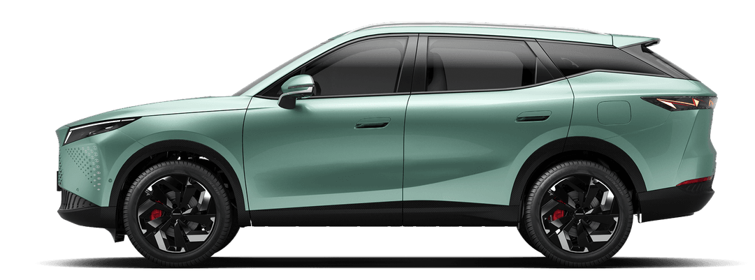 Side view of a mint-green electric SUV with black wheels and red brake calipers visible beneath the front and rear fenders, set against a plain background.