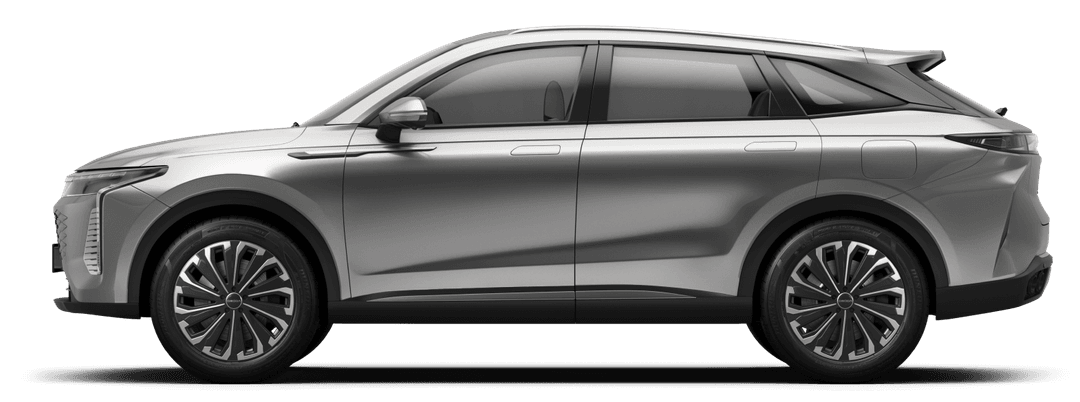Side profile of a silver SUV with modern lines and large alloy wheels, shown in full length from curb to rear.