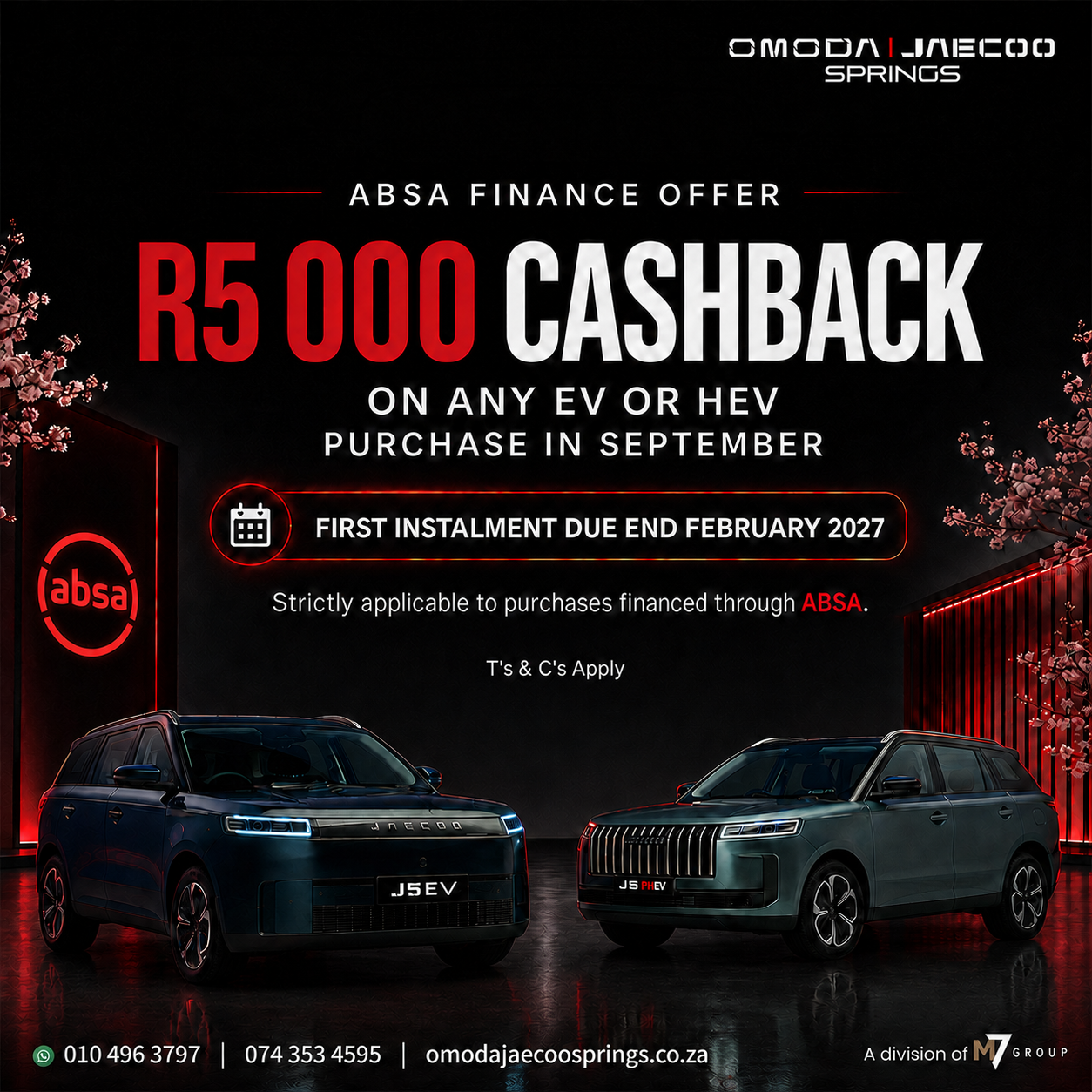 Promotional banner: ABSA Finance offer with bold red 'R5 000 Cashback' and two cars at front, ev/hev purchase shown, contact info at bottom.